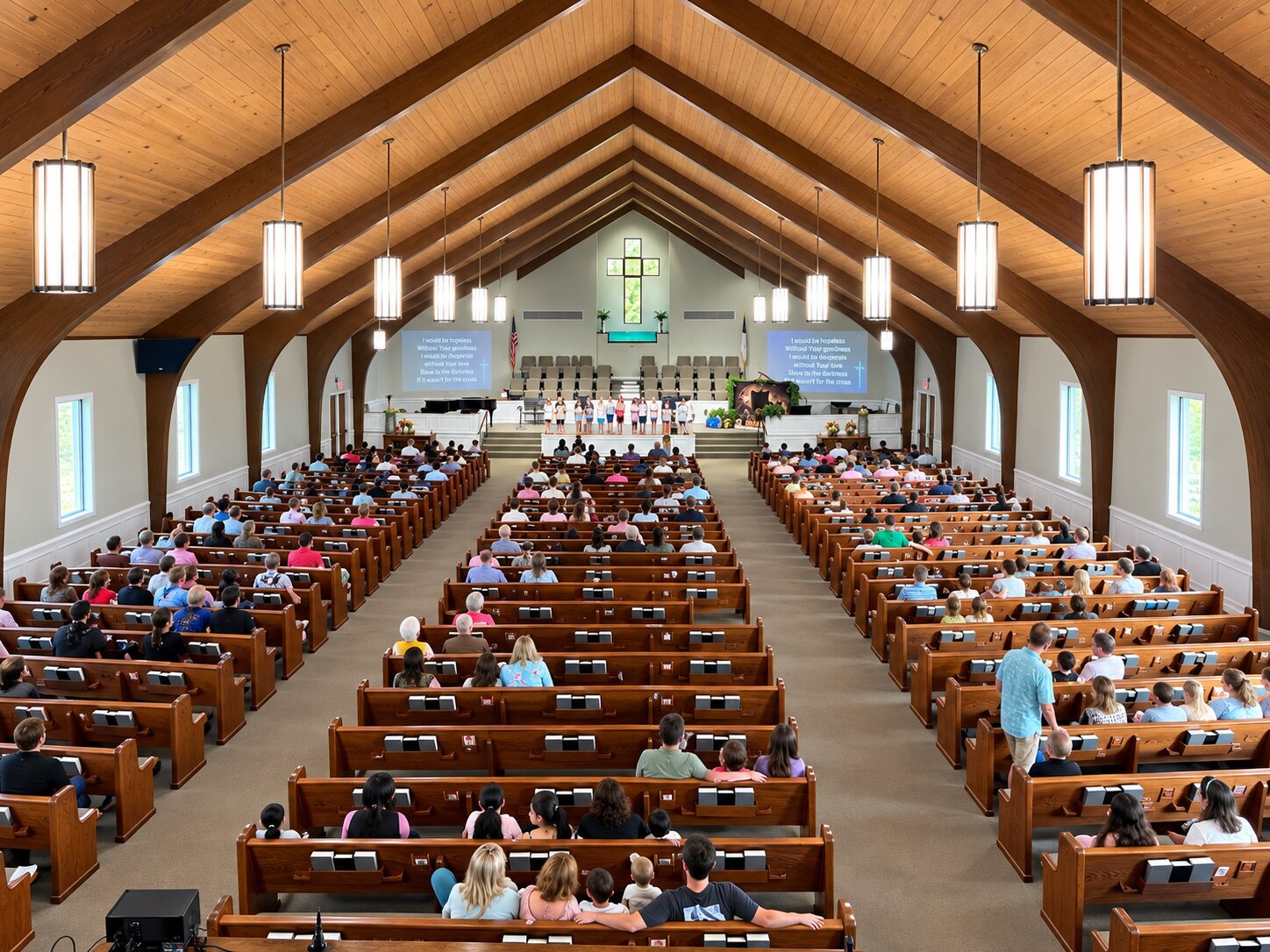 The congregation gathered for worship, viewed from the balcony